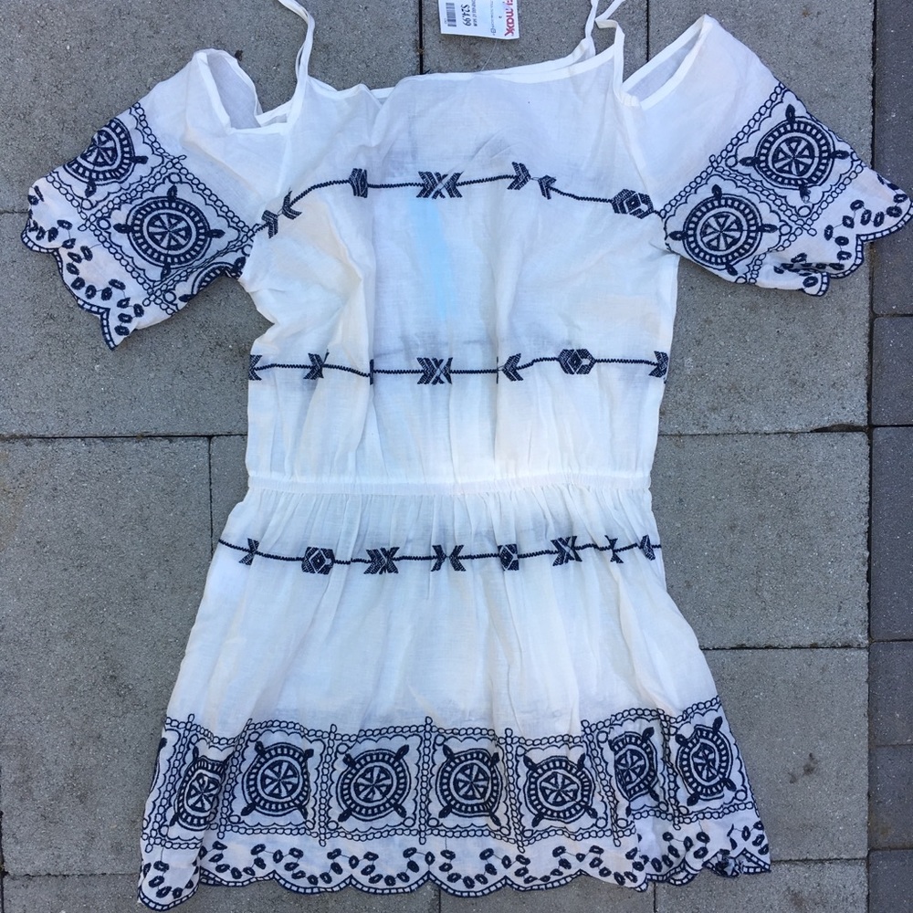 Brand New white & navy printed mini dress S: LG